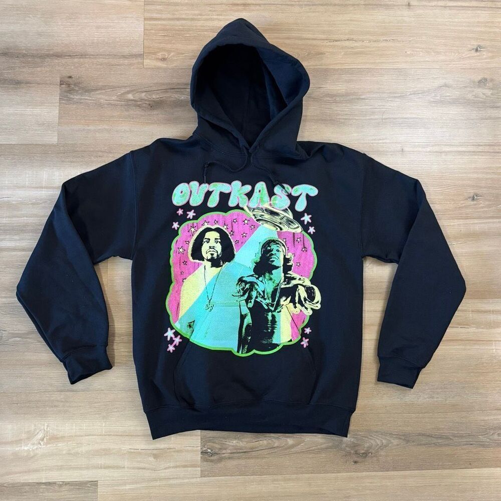 New OutKast Pullover Black Hoodie Size Medium Neon Colors Atlanta Hip Hop Rap